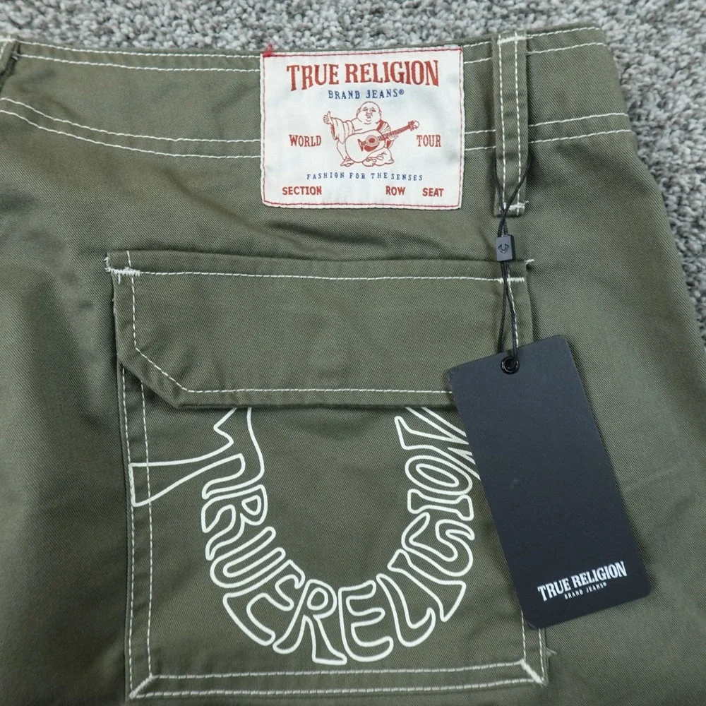 NEW True Religion Pants Mens 36X32 Green Cargo Baggy White Contrast Stitch Y2K